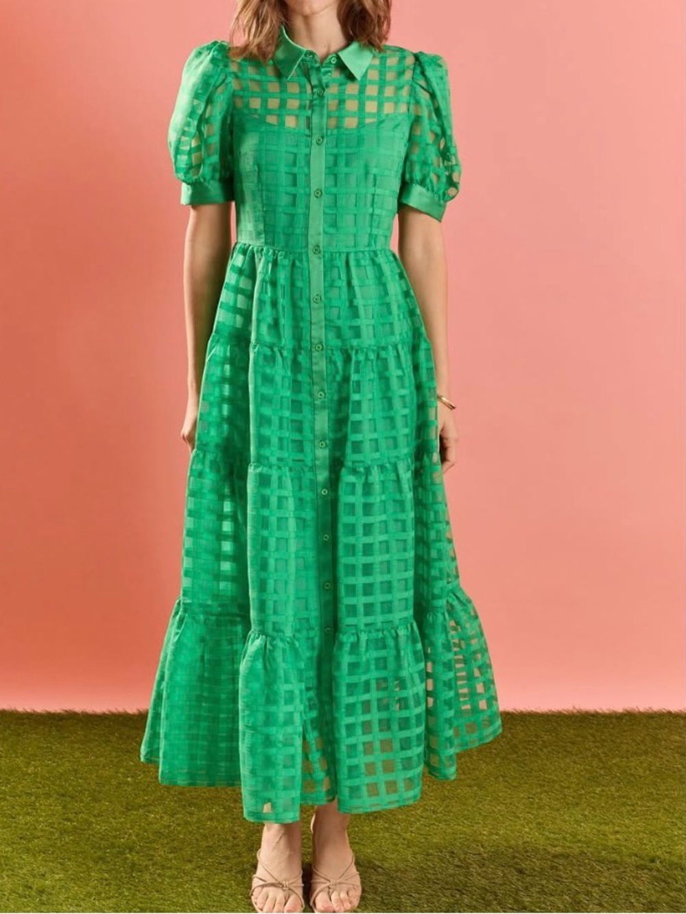 English Factory Green Checked Maxi Dress with Puff Sleeves